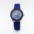 Detailed view of blue silicone strap and gold quartz dial with heart pattern design - Blue Silicone Strap