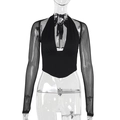 Detailed view of the deep V-neck halter top with sheer mesh long sleeves in black - S / Black