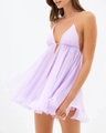 Light purple halter neck dress with deep V-neckline and layered ruffle skirt detail - Lavender