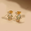 14K gold plated Hamsa hand stud earrings with multi-color zircon stones - Hamsa Hand