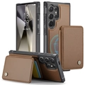 Detailed macro view showing brown litchi leather texture and card slots for Samsung S24 - Brown / S24
