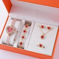 5-teiliges Schmuckset in Roségold mit roten Herzsteinen in oranger Geschenkbox - Roségold Rotes Herz Zifferblatt Set (Ohne Box)