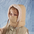 Winter kids fleece hooded scarf mask in beige with plush faux fur lining and ear flaps - Khaki (Kids)