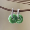 Green jade donut earrings with silver crystal hooks on a rustic branch background - Silver-Green Ring (25#)