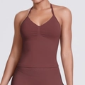 Seamless halter tank top in dark brownish red with V-neck pleated detail for fitness - Brown