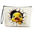 Pochette in tela crema con grafica anatra 3D, cerniera nera e cinturino da polso - Stile 3