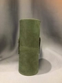 Detail of green suede cosmetic brush storage tube with secure buckle and fine stitching - Cyan/Light Green