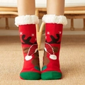 Red Christmas reindeer sherpa lined socks with green accents and white fleece cuffs - AB Red Deer