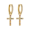 Detail of gold-plated hoop earrings with cross pendants and colorful cubic zirconia stones - Gold Multicolor Zircon Cross
