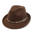 Elegant brown wool fedora hat featuring a stylish leopard print band and gold buckle - M (56-58cm) / Dark Coffee