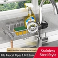 Silver stainless steel faucet rack with black screw mount for sink sponge storage - [Stainless Steel] Universal Style + Hooks