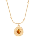Golden tiger eye stone necklace with amber pendant and beaded chain on white background - Round Pendant Style (K-1533) / Gold