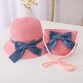 Detail of pink straw sun hat and matching purse set with blue handmade fabric bows - Kids 54cm (4-9 Years) / Hat + Bag Set / Watermelon red