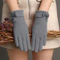Gants d'hiver bleu-gris pour femmes avec doublure en velours et détail de nœud - Nœud en Cuir - Poil de Lapin Gris