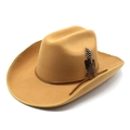Camel wool felt cowboy hat with decorative guinea feathers and leather rope band - M(56-59CM) / Camel