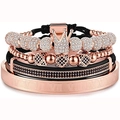 Men's 4pc bracelet set with rose gold crown charm, Roman numerals cuff, and black beads - Rose Gold Set 4pcs (Crown + Cube + Tube + Roman Bangle)
