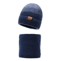 Winter dark blue knitted beanie and neck warmer set with fleece lining and leather patch - One Size / Navy Blue