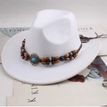 Classic white felt cowboy hat featuring an ethnic beaded band with turquoise accents - Double Row Beads / White