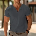 Dunkelgraues Herren-Henley-Shirt mit V-Ausschnitt, zwei Knöpfen und schmaler Passform - Grau