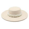 Elegant beige flat top wool fedora hat with pearl chain and wide brim for women - M (56-58cm) / Beige