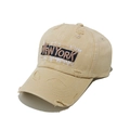 Detail view of khaki New York embroidered baseball cap with vintage distressed frayed finish - M (56-58cm) / Khaki