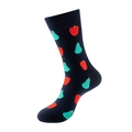 Navy blue mid-calf crew socks featuring cartoon red apple and teal pear patterns - No. 891 Dark Blue Orchard