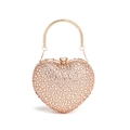 Sparkling rose gold heart-shaped clutch bag covered in rhinestones with metal ring handle - 14cm x 6cm x 11cm / Apricot