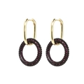 Detail of geometric gold hoop earrings with dark pavé-set crystals in a rectangular drop - Round / Purple Black