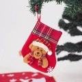 Red felt Christmas stocking with Scottish plaid trim and a plush bear doll hanging ornament - Small Plaid Bear Stocking