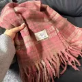 Pink and beige plaid tassel scarf with soft knit texture and woven brand label - Rose Pink Plaid