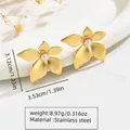 Golden five-petal flower stainless steel earrings with white pearl center - Vintage Five-Petal Artificial Pearl Flower (FYD6174)