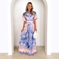 Pink and blue printed dress set with stand collar and ruffled high-waist skirt with belt - Blue Pink Floral