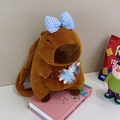 Cute brown plush Capybara backpack with blue checkered bow and small rabbit doll charm - 35cm / Blue Bow