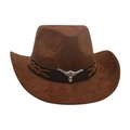 Dark brown faux suede western cowboy hat featuring a silver bull head metal ornament - Coffee