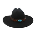 Classic black faux suede cowboy hat featuring turquoise studs and a brown leather band - One Size / Navy Blue