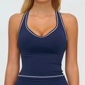 Marineblauer Sport-Crop-Top mit weißen Kontrastpaspeln und Racerback-Design - S / Marineblau