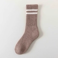 Thick wool blend mid-calf socks in brown with white stripes for autumn and winter warmth - Dark Coffee