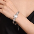 Silver chunky chain bracelet with white shell pendant and pavé crystals on black background - Silver White Shell Bracelet (E068)