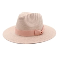 Women's foldable wide brim woven straw sun hat with pink ribbon bow decoration - M (56-58cm) / Pink