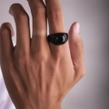 Vintage black titanium steel ring for men featuring a circular black onyx gemstone inlay - US-9 / Gun Black-Obsidian