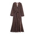 Elegantes dunkelbraunes Maxi-Kleid mit V-Ausschnitt, Laternenärmeln und Jacquard-Muster - XS / Kaffeebraun