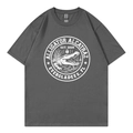 Dark grey Alligator Alcatraz crew neck t-shirt with white screen print in flat lay view - Dark Gray