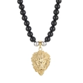 Men's necklace with 8mm black onyx beads and a gold plated lion head pendant - Golden Necklace (KN230958-JX)