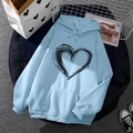 Light blue fleece hoodie with a black hand-drawn heart print and kangaroo pocket - S / Tops / Light Blue