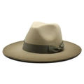 Close-up of khaki gradient wool Fedora hat with dark green ribbon and wide brim - M (56-58cm) / Army Green