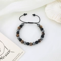 Adjustable tiger eye stone beaded bracelet with matte black and metallic grey round beads - Tiger Eye Magnetic Bracelet