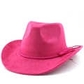 Close-up of hot pink suede cowboy hat featuring woven band and decorative fringe tassels - M (56-58cm) / Rose Red