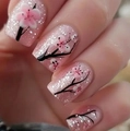 Faux ongles courts carrés rose pailleté avec motifs de fleurs de cerisier et branches - Style Fleurs de Cerisier Roses avec Colle Gelée Jaune et Lime (CW580)