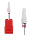 Bullet-shaped white ceramic nail drill bit with a red marking band and matching base - HF-41 Ceramic Nail Drill Bit