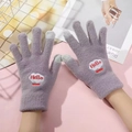 Purple plush winter gloves for women with touch screen fingers and Hello embroidery - Gray